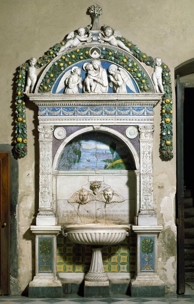 Fontanna Decoree z płaskorzeźbą z marmuru i terakoty autorstwa Giovanniego della Robbia (1469-1529) 1498. Zakrystia Santa Maria Novella, Florencja autorstwa Giovanni della Robbia