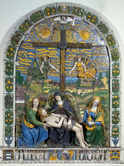 Złożenie (Pieta) Jezusa Chrystusa i Matki Boskiej w otoczeniu św. Jana i św. Marii Magdaleny przed krzyżem z napisem INRI (I.N.R.I.). Ceramika płaskorzeźbiona Giovanniego della Robbia (1469-1529) wym. 3x2,28 m Florencja, Museo Nazionale autorstwa Giovanni della Robbia