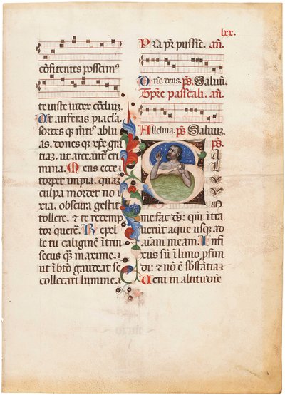 Psalmista w morzu, inicjał "S" na liściu z iluminowanego brewiarza, Bolonia lub Ferrara, ok. 1440 r. (tusz i kolor na welinie) autorstwa Giovanni di Antonio da Bologna