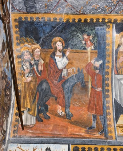 Historie Chrystusa: Wjazd Jezusa do Jerozolimy witany gałązkami palmowymi autorstwa Giovanni di Cherasco Botoneri