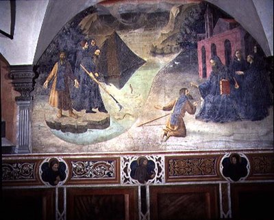 Św. Benedykt wyciągający topór drwala z jeziora, fragment cyklu fresk Żywot św. Benedykta z Chiostro degli Aranci (klasztor pomarańczy) ok. 1430 (fresk) autorstwa Giovanni di Consalvo (attr. to)