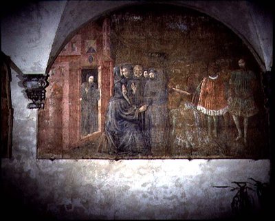 Św. Benedykt i Posłaniec z Króla Totili, fragment cyklu fresk Żywot Św. Benedykta z Chiostro degli Aranci (Klasztor Pomarańczowy) ok. 1430 (fresk) autorstwa Giovanni di Consalvo (attr. to)