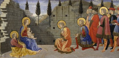 Adoração dos Magos, detalhe da Natividade e adoração dos Magos, entre 1457 e 1459, da autoria de Giovanni di Francesco (1412-1459), têmpera sobre madeira.polimento autorstwa Giovanni di Francesco