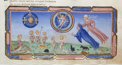 Dante i Beatrice są świadkami kul i krzyży, kul niebios z miłością, rybackiej syreny i stworzeń w morzu bytu z Paradiso w „Divina Commedia”, autorstwa Dante Alighieri, Yates Thompson 36, f.130 autorstwa Giovanni di Paolo