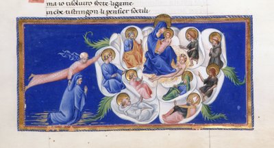 Dante i Beatrice przed Dziewicą z Dzieciątkiem, siedzącymi w Niebiańskiej Róży, otoczeni przez różnych świętych, z Paradiso w „Divina Commedia”, Dante Alighieri, Yates Thompson 36, f.187 autorstwa Giovanni di Paolo