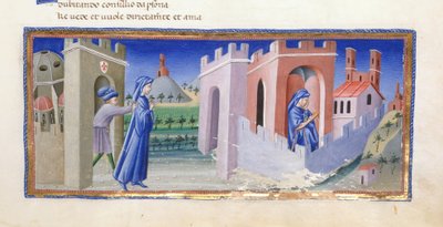 Dante wygnany z Florencji i komponowanie swojego wiersza na wygnaniu, z Paradiso w „Divina Commedia”, Dante Alighieri, Yates Thompson 36, f.159 autorstwa Giovanni di Paolo