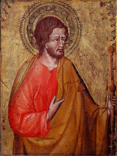 Reprezentacja św. Jakuba Pelerina To jest św. Jakub Większy lub św. Jakub, syn Zebedeusza. Obraz Giovanniego di Paolo (1395 / 1400-1482) XV-wieczny Asyż, Muzeum Skarbu Bazyliki San Francesco i kolekcja Perkinsa autorstwa Giovanni di Paolo