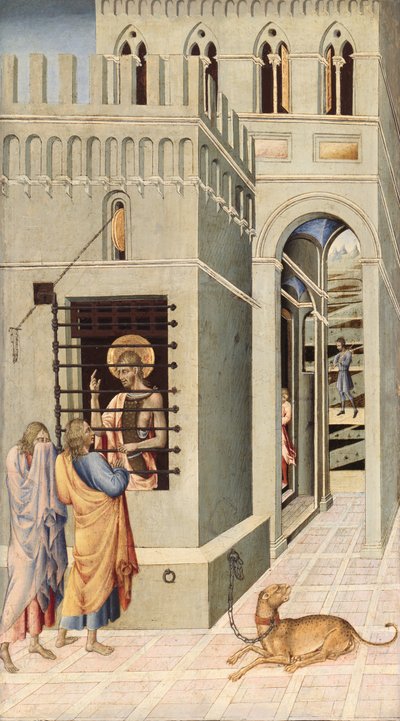 Św. Jan Chrzciciel w więzieniu odwiedzony przez dwóch uczniów, 145560. autorstwa Giovanni di Paolo