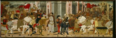 Panel Cassone: Triumfalny wjazd Romulusa i Tacjusza do Rzymu autorstwa Giovanni di Ser Giovanni