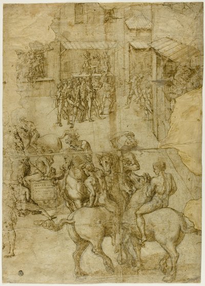 Korowód mitologiczny (recto); Nieczytelne napisy i badania anatomiczne głowy (verso) autorstwa Girolamo Genga