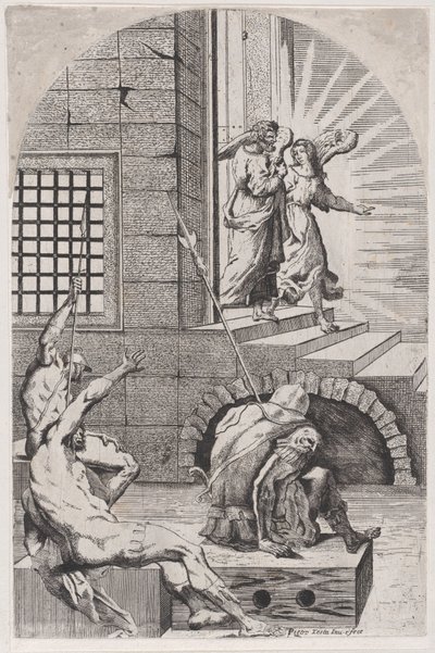 Święty Piotr uwolniony z więzienia przez anioła, 1650-70. autorstwa Girolamo Pedrignani