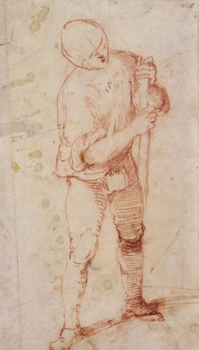 Stojący mężczyzna trzymający laskę (kreda na papierze) autorstwa Girolamo Romanino