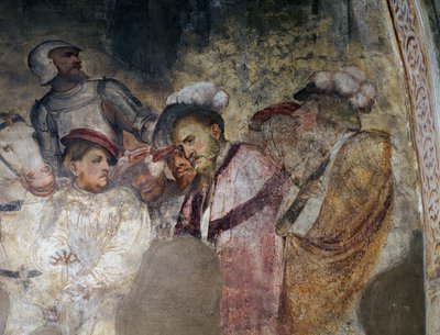Żołnierz w zbroi i mężczyźni w kapeluszach, fragment fresku autorstwa Girolamo Romanino (ok. 1484-po 1562), lewa ściana prezbiterium kościoła św. Antoniego Opata, Breno. Włochy autorstwa Girolamo Romanino