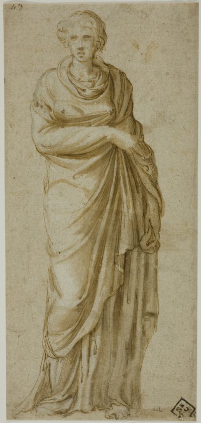 Stojąca drapowana kobieca figura autorstwa Girolamo da Carpi