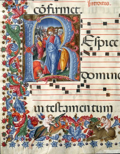 Decoree lettrina przedstawiająca Chrystusa i miniaturę trędowatego autorstwa Girolamo da Cremona (aktywna ok. 1451-1483) i Liberale da Verona (1445-1529) z chóru (kod. 19.04.c.26.) z katedry w Sienie. XV-wieczna katedra (Duomo) w Sienie, Włochy autorstwa Girolamo da Cremona