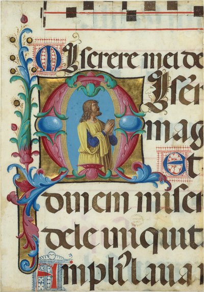 Iluminacja rękopisu z Dawidem w modlitwie w inicjale M, z psałterza, włoski, 1501-2. autorstwa Girolamo dai Libri