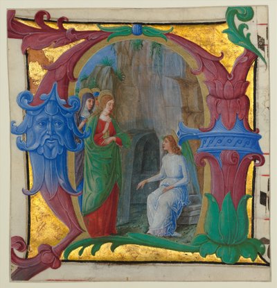 Iluminacja rękopisu ze świętymi niewiastami przy grobie w inicjale A..., ok. 1930 r. 1490-1500. autorstwa Girolamo dai Libri