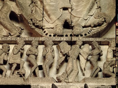 Tympanon Portal Zachodni z przedstawieniem Sądu Ostatecznego: fragment stóp Chrystusa, anioła i śmiertelników, ok. 1130-35 wapień autorstwa Gislebertus