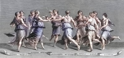 Apollo tańczy ze swoimi dziewięcioma muzami olimpijskimi. (wydrukować) autorstwa Giulio (after) Romano