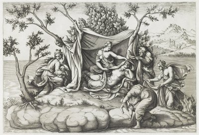 Latona Narodziny Apolla i Diany, sztych. Diana Mantovana (ur. 1535), po 1575 (rycina) autorstwa Giulio (after) Romano