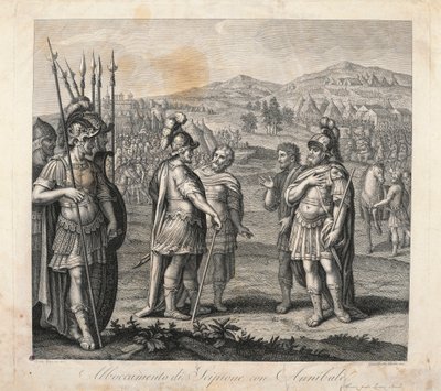 Spotkanie Hannibala i Scypiona podczas wojen punickich (akwaforta) autorstwa Giulio (after) Romano