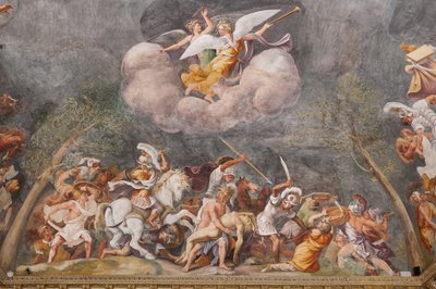 Ajaks chroniący zwłoki Patroklosa podczas bitwy pod Troją, Koń trojański, Komnata Trojańska (Sala di Troia) autorstwa Giulio (and workshop) Romano