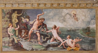 Laokoon i jego synowie zaatakowani przez węże, Koń Trojański, Izba Troi (Sala di Troia) autorstwa Giulio (and workshop) Romano
