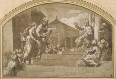 Martha przynosząc Marię Magdalenę do Chrystusa (pióro i atrament na papierze) autorstwa Giulio (attr. to) Romano