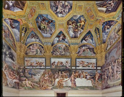 Sala Psyche: widok na ścianę zachodnią, z rustykalnym Bankietem (fresk) autorstwa Giulio (workshop of) Romano