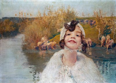 Portret dziewczynki z okolicą w tle autorstwa Giulio Aristide Sartorio