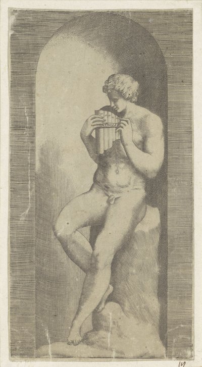 Nagi mężczyzna z fletem patelni w niszy autorstwa Giulio Bonasone (possibly)
