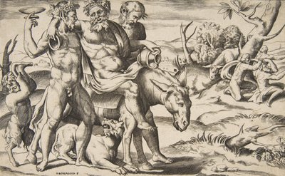 Pijany Silenus na ośle wspieranym przez satyrów, 1531-76. autorstwa Giulio Bonasone