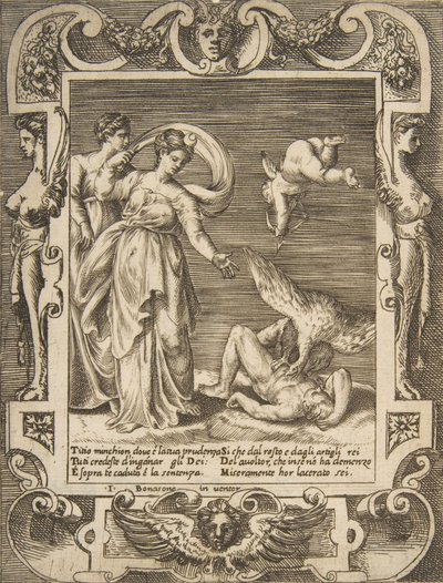 Sęp pożerający wnętrzności Tycjusza, Kupidyn nad dwiema kobietami po lewej, osadzony w..., 1531-76. autorstwa Giulio Bonasone