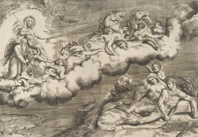 Alegoria wschodzącego słońca, nagi mężczyzna w całunie towarzyszący Ojcu Czasowi..., 1531-76. autorstwa Giulio Bonasone