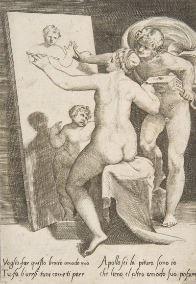 Apollo stojący obok kobiety przedstawiającej alegorię malarstwa, z „Miłości…, 1531-60. autorstwa Giulio Bonasone