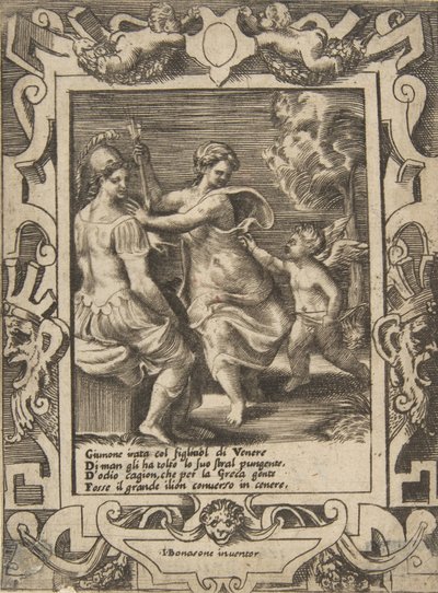 Atena siedząca nieopodal Junony, która zabrała strzały Kupidyna, osadzona w misternej ramie..., 1531-76. autorstwa Giulio Bonasone