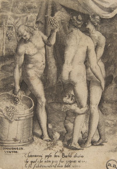 Bachus dający winogrona kobietom, z „Miłości bogów”, 1531-60. autorstwa Giulio Bonasone