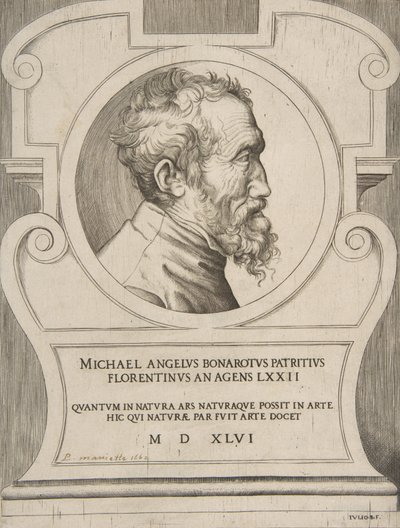 Popiersie Michała Anioła w prawo, osadzone w kartuszu, 1546. autorstwa Giulio Bonasone