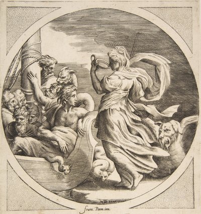 Okrąg pijący z kubka z towarzyszami Ulissesa w łodzi po lewej, okrągła..., 1531-76. autorstwa Giulio Bonasone