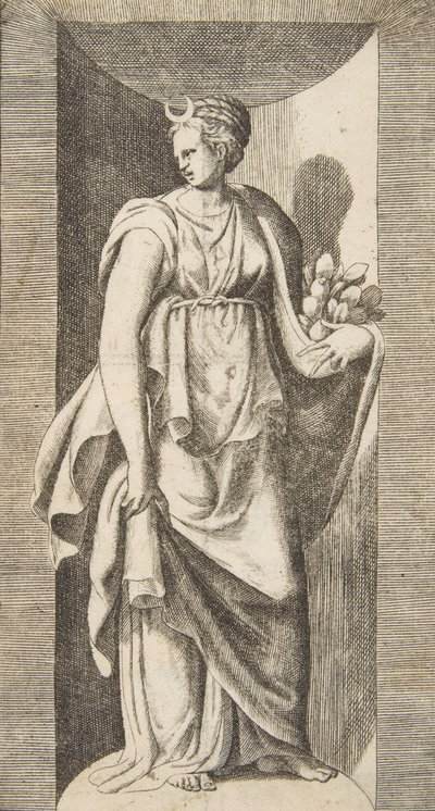 Diana trzymająca w lewej ręce owoc stojąca w niszy, ok. godz. 1531-76. autorstwa Giulio Bonasone