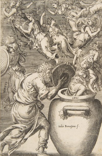 Epimeteusz otwiera puszkę Pandory, 1531-76. autorstwa Giulio Bonasone