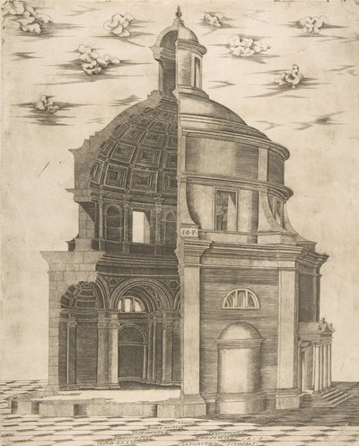 Część zewnętrzna i wewnętrzna świątyni w Rzymie poświęcona Neptunowi, 1541. autorstwa Giulio Bonasone