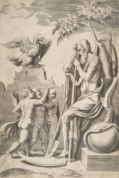 Po prawej Ojciec Czas wsparty o kosę, po lewej trzech nagich chłopców i orzeł, 1..., 1531-76. autorstwa Giulio Bonasone