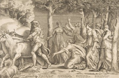 Herkules wypędzający bydło Geryona, po prawej stronie nimfy Hesperyd, ..., 1531-76. autorstwa Giulio Bonasone