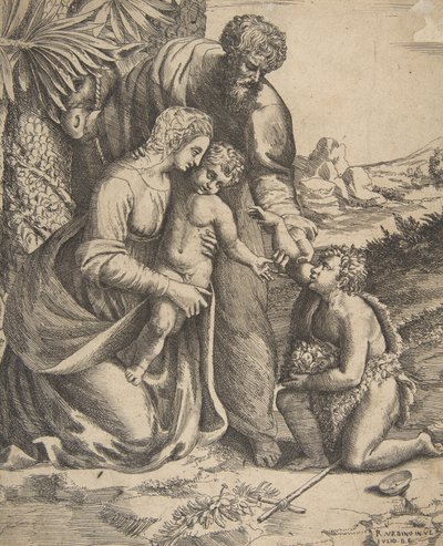 Święta Rodzina z klęczącym po prawej stronie św. Janem Chrzcicielem, 1531-76. autorstwa Giulio Bonasone