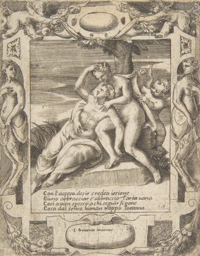 Ixion obejmuje chmurę, myśląc, że to Juno, Kupidyn po prawej, osadzony w elabora..., 1531-76. autorstwa Giulio Bonasone