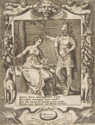 Juno, Mars and Cupid, osadzona w wyszukanej oprawie, z „Loves, Rages and Jealous..., 1531-76. autorstwa Giulio Bonasone