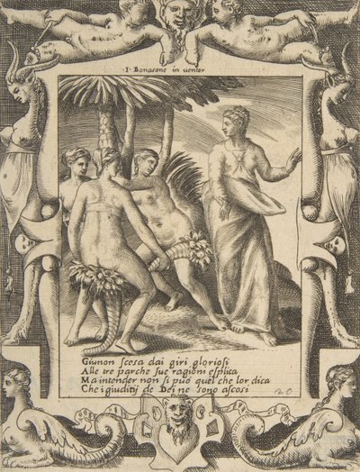 Junona po prawej stronie i przemawiająca do losów, osadzona w misternej ramie, od..., 1531-76. autorstwa Giulio Bonasone