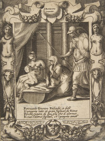 Junona namawiająca Atenę do opieki nad młodym Herkulesem, osadzona w kunsztownej oprawie, z..., 1531-76. autorstwa Giulio Bonasone
