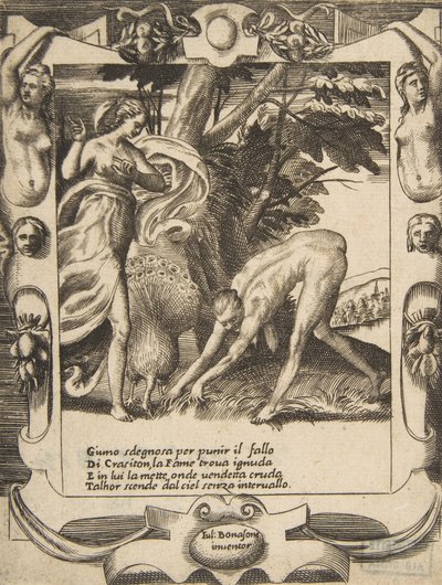 Juno wysyłająca głód na Crasiton, osadzona w skomplikowanej ramie, z „Loves, Rages..., 1531-76. autorstwa Giulio Bonasone